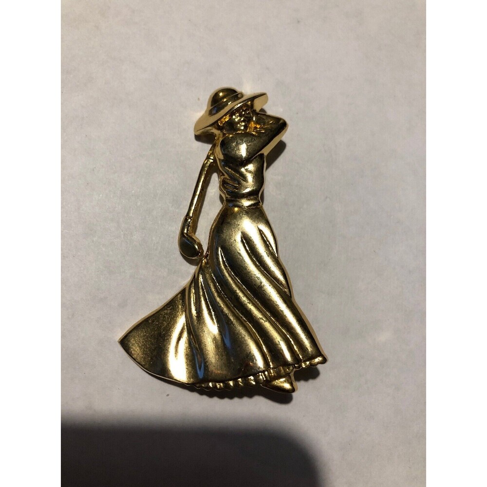 Vintage Brooch Pin Signed Fort Gold Tone Lady Golfer Golf Thing 3” Tall